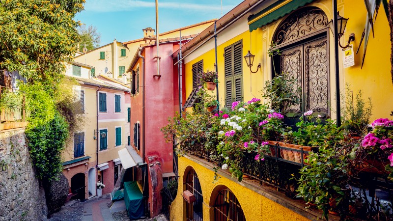 Fargerike bygninger og brosteinsbelagt gate